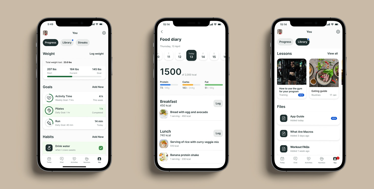 A mockup of the coaching app showcasing the different features.